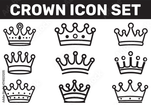 Various black line art crown symbols are displayed against the white background