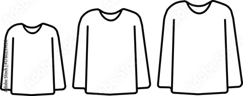 Vector icon set of long-sleeved shirts in various sizes. Simple outline illustration for clothing, apparel, and fashion concepts