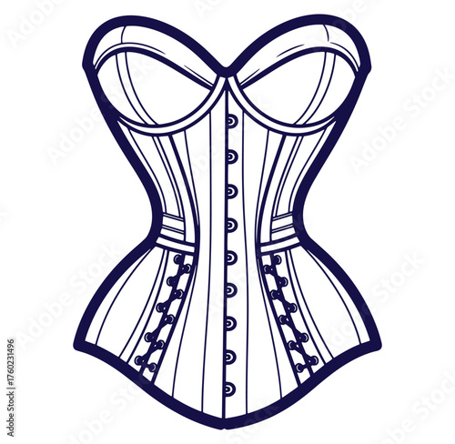 Elegant outline illustration of a classic vintage corset featuring detailed lacing and design elements