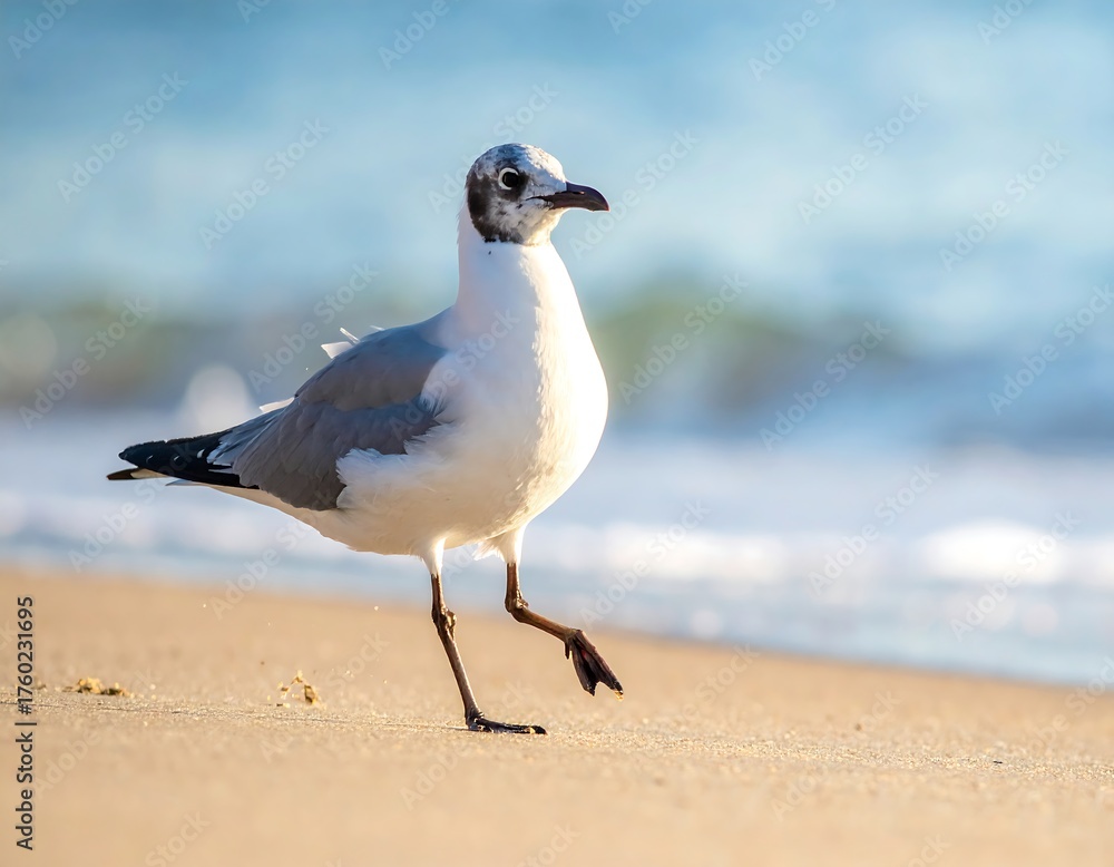 Fototapeta premium A seagull, walking on a sandy beach, with ocean waves in the background, bathed in soft, golden sunlight