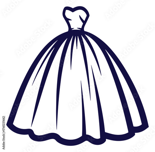 Elegant simple line art drawing of a strapless ballgown wedding dress for design concepts