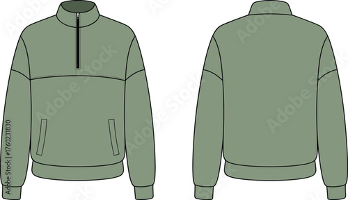 Olive green half zip pullover sweatshirt front and back view, minimalist winter fashion design, cad flat vector illustration template
