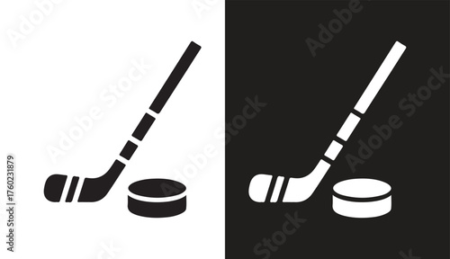 Minimalist Hockey Stick and Puck Black and White Vector Illustration