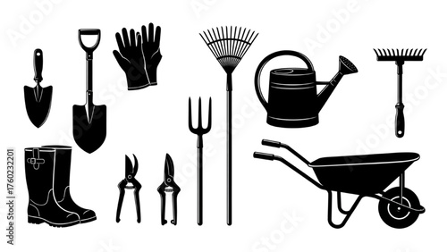 High-Quality Black Silhouette Art of Essential Gardening Tools – Trowels, Gloves, Spades, Watering Cans, and Boots