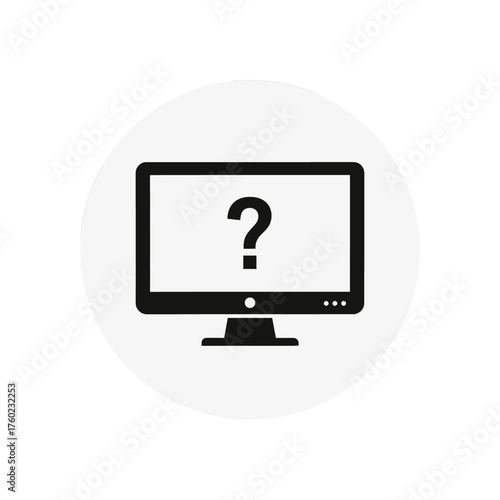 Vector icon of a computer monitor with a question mark, symbolizing technical support, troubleshooting, unknown system errors, and help desk queries