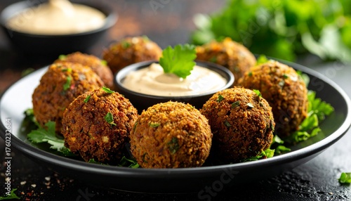 Crispy fried falafel balls served on a black plate with a creamy tahini dipping sauce and fresh parsley garnish.