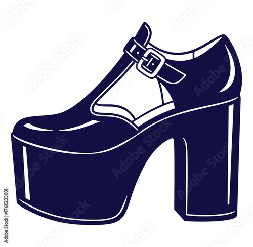 Illustration of a stylish navy blue platform shoe with a buckle for fashion and design projects
