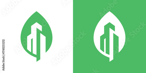 A modern logo combining a building and leaf, symbolizing eco-friendly architecture and sustainable development.