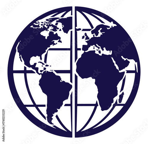 Simplified dark blue globe graphic depicting earth and international connections