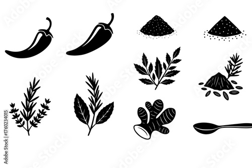 Chili paprika salt flakes herb cumin icons vector ginger icon spice spoon
