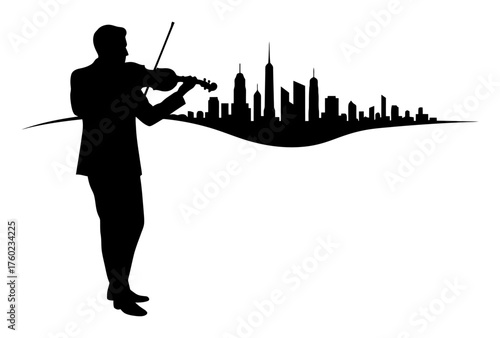Minimalist Violinist Silhouette Merging into Night City Skyline Vector Art
