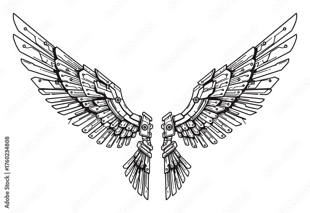 Obraz premium Minimalist Circuit Bird Wings Vector Art, Tech Feather Illustration, AI Robot Wings