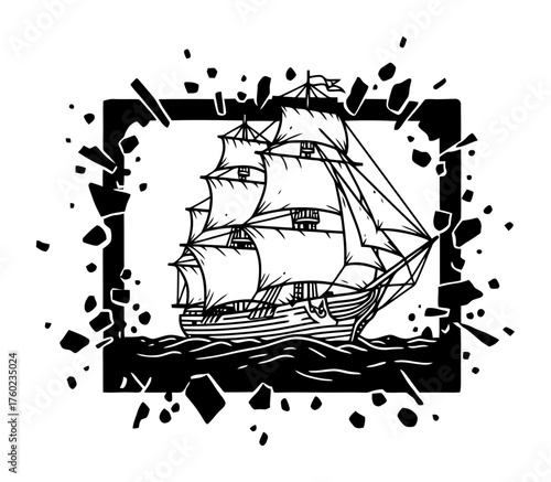 Minimalist Vector Ship Sailing Through Shattered Frame - High Contrast Abstract Design