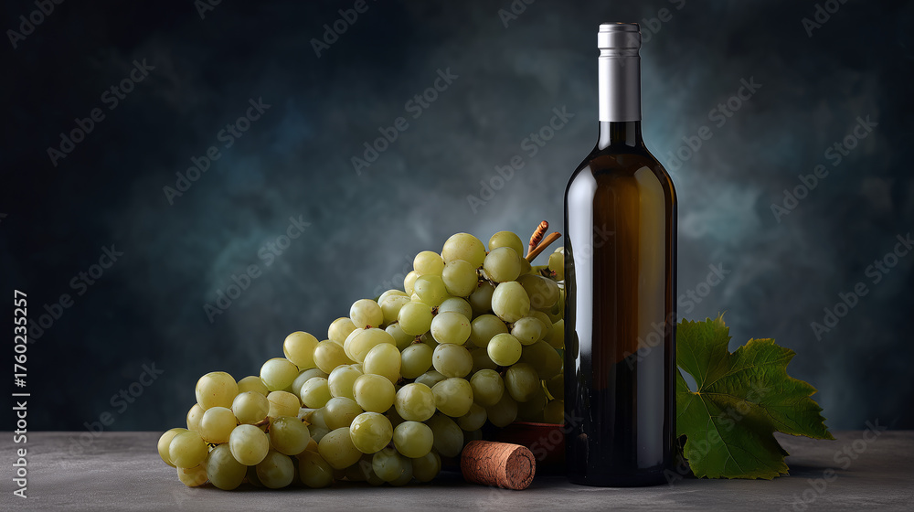 Obraz premium Elegant composition of green grapes next to an unopened wine bottle against a dark, atmospheric background showcasing the beauty of wine culture