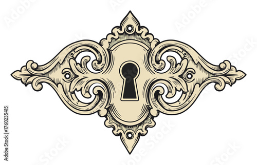 Vintage Ornamental Key Escutcheon Minimalist Vector Design, Victorian Lock Surround