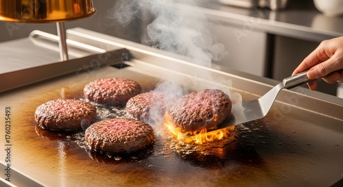 Sizzling beef hamburger patties cooking with intense flames and smoke on a hot commercial flat top grill, expertly flipped by a chef's hand with a metal spatula.