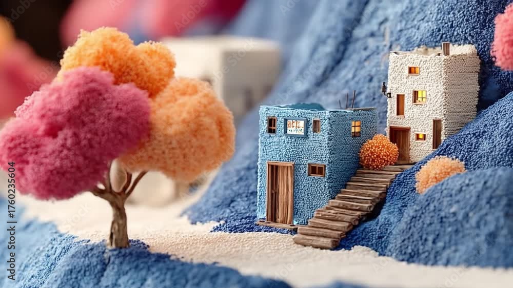 Miniature colorful landscape with buildings and trees overhead view
