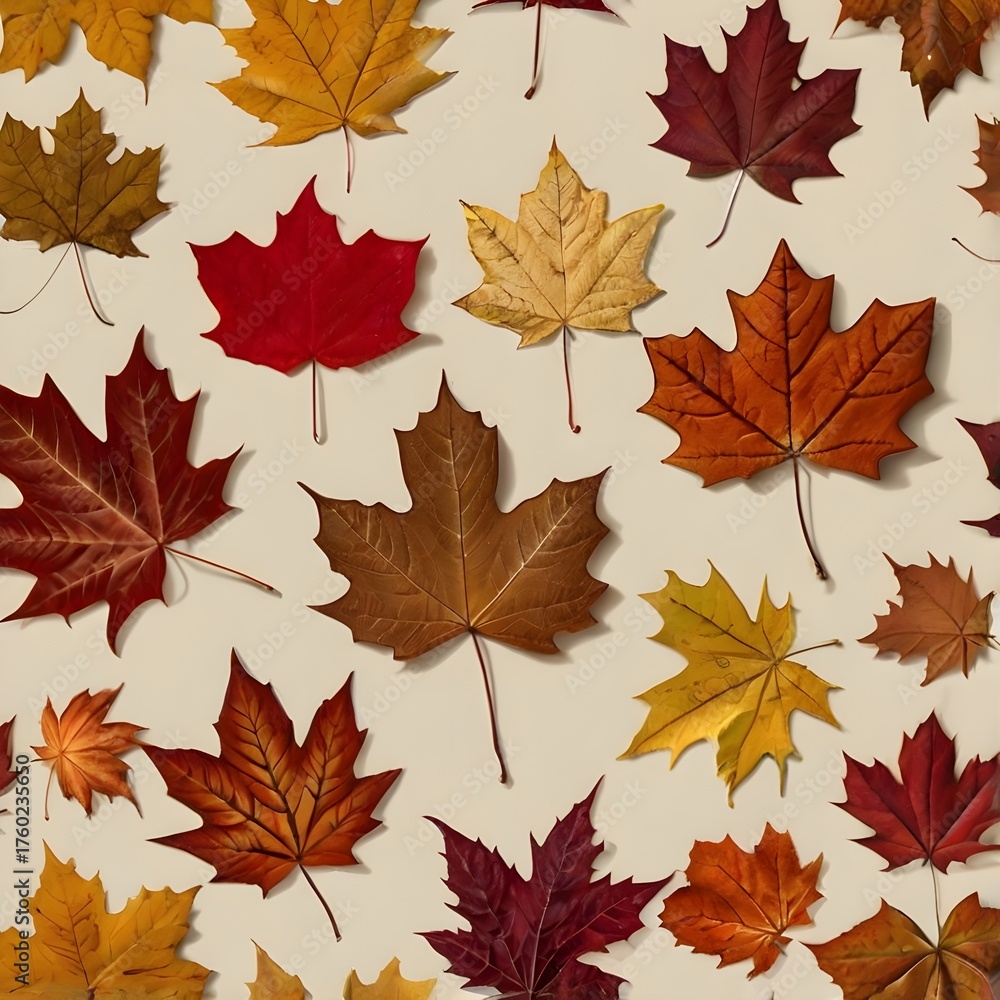 Obraz premium Autumn maple leaf flat lay, isolated on beige background, soft shadows