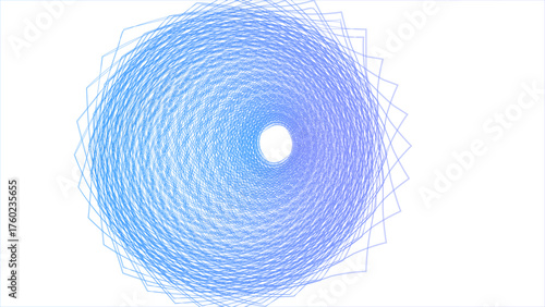 Modern geometric design featuring a swirling circle made of fine, transparent lines on a white backdrop.