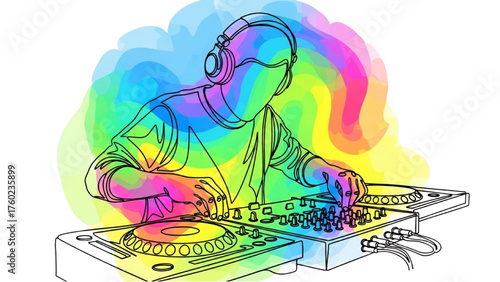 Continuous Black Line Art of Colorful DJ Mixing Tracks at Console with Headphones – Modern Music Party Illustration
