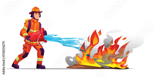 Male firefighter in uniform putting out a fire with a red bucket of water. He is saving people from danger and natural disasters. Vector cartoon illustration