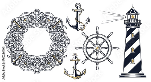 Elegant nautical vector elements with anchor wreath, ship's wheel, and lighthouse for marine and sailor branding