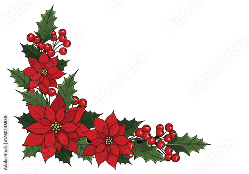 A festive corner border featuring red poinsettia flowers, green holly leaves, and red berries on a white background.