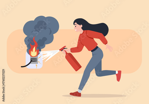 Illustration of a woman running to put out an electric shock with a fire extinguisher.