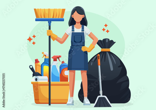 Illustration of a woman cleaning the house