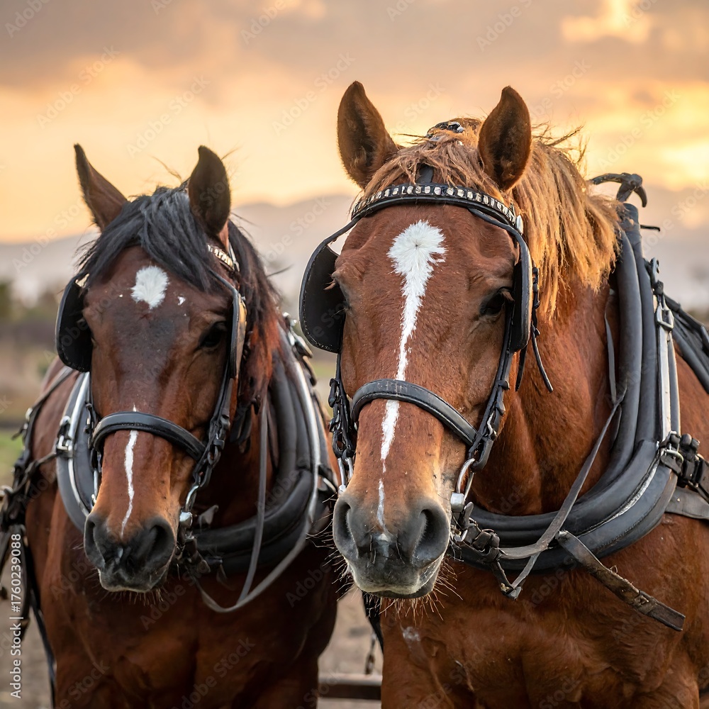Obraz premium Two equine companions posed together, illuminated by a warm sunset glow