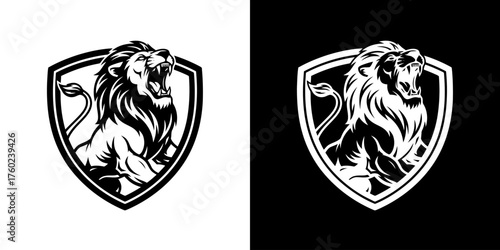 A striking black and white illustration of a roaring lion within a shield emblem, presented on both a white and black background.