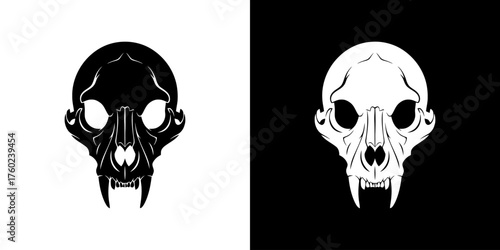 A stark black and white illustration of a stylized animal skull, presented in two mirrored halves against contrasting backgrounds.