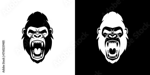 A striking black and white illustration of a fierce gorilla head with its mouth open in a roar, presented on both a white and black background.