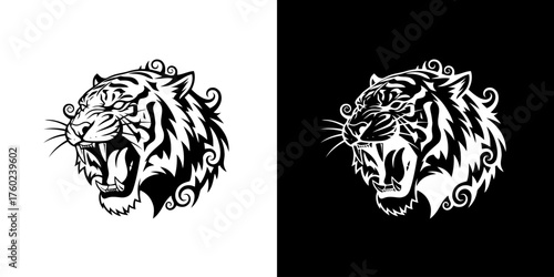 A fierce black and white illustration of a roaring tiger's head with tribal-like swirls.