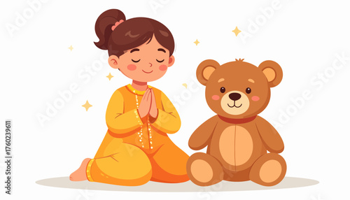 Praying Child with Teddy Bear A Moment of Gratitude and Innocence