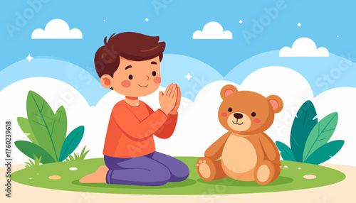 A boy with a teddy bear playing outdoors in a beautiful illustration
