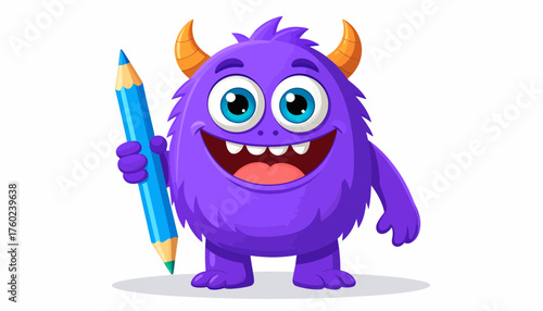 Friendly Purple Monster with Pencil - Adorable Cartoon Character Ready for Creativity