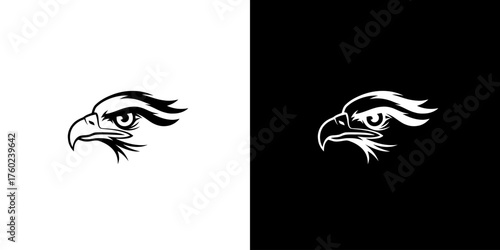 A striking black and white illustration of a hawk's head, presented on both a white and black background.