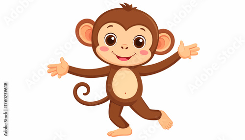 An adorable and cheerful baby monkey cartoon character standing with a happy smile and open arms. This cute little primate is isolated on a white background, ready for fun