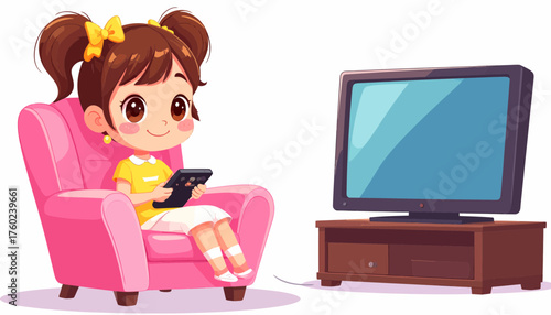 Cartoon girl sitting on pink armchair watching TV, holding remote control, entertainment concept