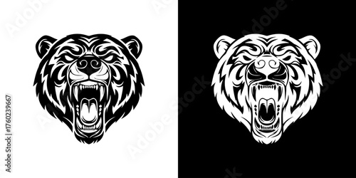A fierce, roaring bear head with tribal markings, presented in both black and white versions against contrasting backgrounds.