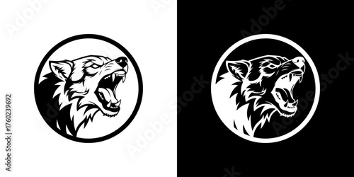 A black and white circular logo featuring a snarling wolf's head with its mouth open, set against a contrasting background.