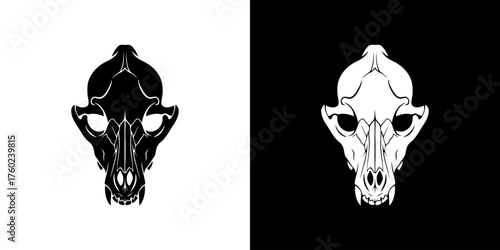 A stark black and white illustration of a dog skull, presented in two contrasting halves against solid backgrounds.