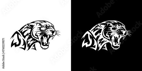 A fierce black panther with its mouth open, depicted in a tribal tattoo style, on both a white and black background.