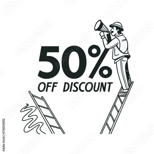 Man with megaphone on ladder announces 50 percent off discount sale advertisement isolated on white background