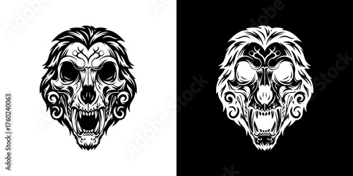 A striking black and white illustration of a fierce lion's skull with ornate swirling patterns on its face and mane.