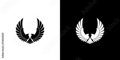 A black phoenix logo on a white background and a white phoenix logo on a black background.