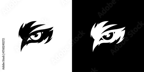 A stylized black and white graphic of an eagle's eye, presented on both a white and black background.