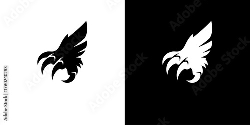 A striking black and white graphic design featuring a stylized bird's claw with sharp talons, presented on contrasting backgrounds.