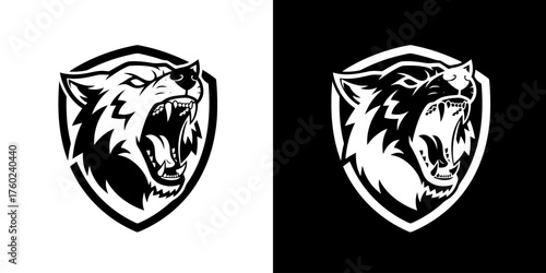 A fierce wolf head with bared teeth, depicted within a shield emblem, presented in both black and white on contrasting backgrounds.